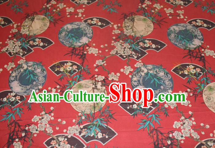 Chinese Cheongsam Red Satin Fabric Traditional Ginger Gambiered Guangdong Gauze Classical Plum Bamboo Fan Pattern Silk Drapery