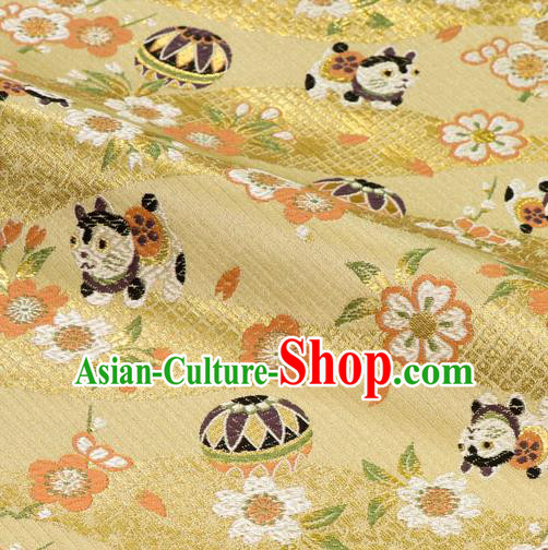 Asian Japanese Traditional Dog Pattern Design Yellow Brocade Kimono Fabric Nishijin Tapestry Satin