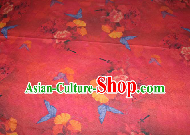 Chinese Traditional Red Gambiered Guangdong Gauze Cheongsam Satin Fabric Classical Ginkgo Leaf Butterfly Pattern Silk Drapery