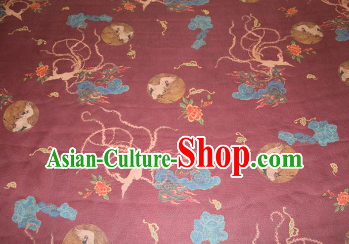 Chinese Traditional Wine Red Gambiered Guangdong Gauze Cheongsam Satin Fabric Classical Cloud Crane Pattern Silk Drapery