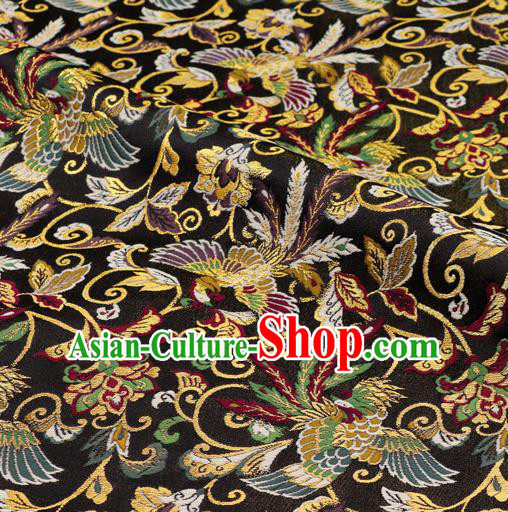 Asian Kimono Cloth Fabric Japanese Nishijin Tapestry Satin Traditional Phoenix Pattern Design Black Brocade