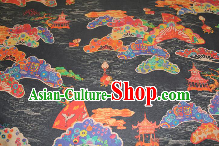 Chinese Traditional Black Gambiered Guangdong Gauze Cheongsam Satin Fabric Classical Palace Fan Pattern Silk Drapery