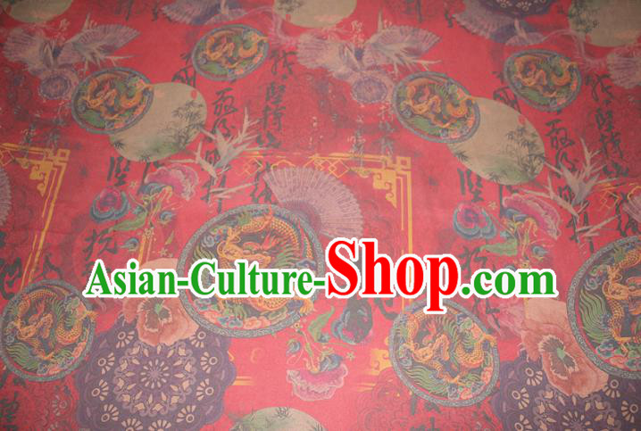 Chinese Cheongsam Red Satin Fabric Traditional Gambiered Guangdong Gauze Classical Bamboo Dragon Pattern Silk Drapery