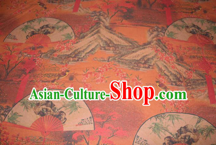 Chinese Cheongsam Orange Satin Fabric Traditional Gambiered Guangdong Gauze Classical Peach Blossom Fan Pattern Silk Drapery