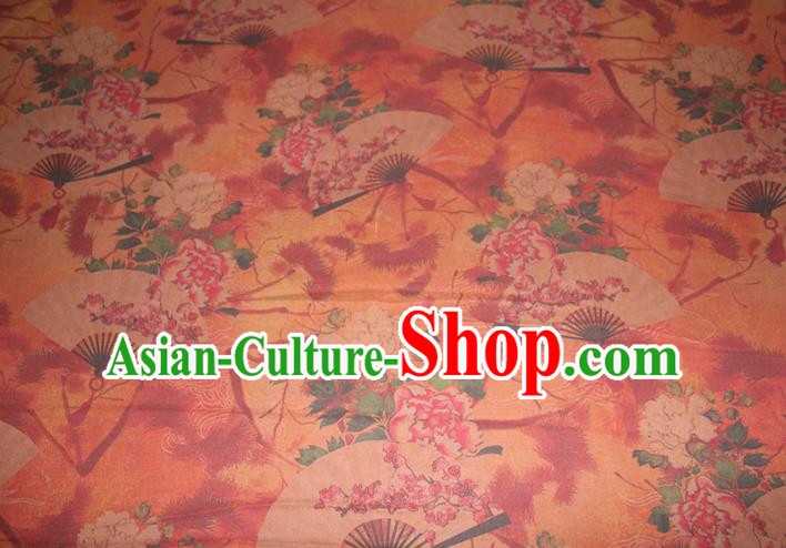 Chinese Cheongsam Orange Satin Fabric Traditional Gambiered Guangdong Gauze Classical Peony Fan Pattern Silk Drapery