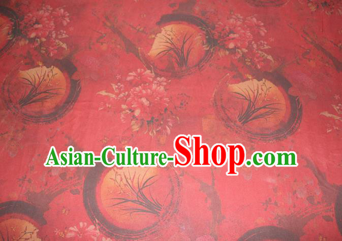 Chinese Cheongsam Satin Fabric Traditional Gambiered Guangdong Gauze Classical Orchids Peony Pattern Red Silk Drapery