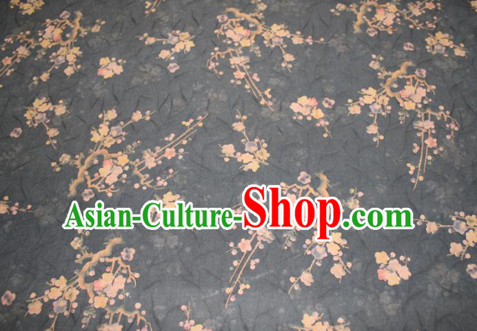 Chinese Cheongsam Dark Green Satin Fabric Traditional Gambiered Guangdong Gauze Classical Plum Blossom Pattern Silk Drapery