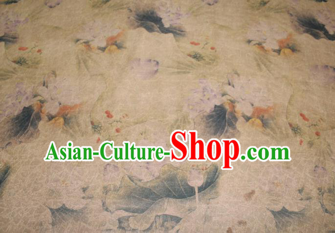 Chinese Cheongsam Beige Satin Fabric Traditional Gambiered Guangdong Gauze Classical Lotus Pattern Silk Drapery