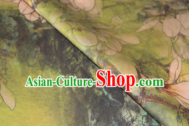 Chinese Cheongsam Green Satin Fabric Traditional Ginger Gambiered Guangdong Gauze Classical Mangnolia Pattern Silk Drapery