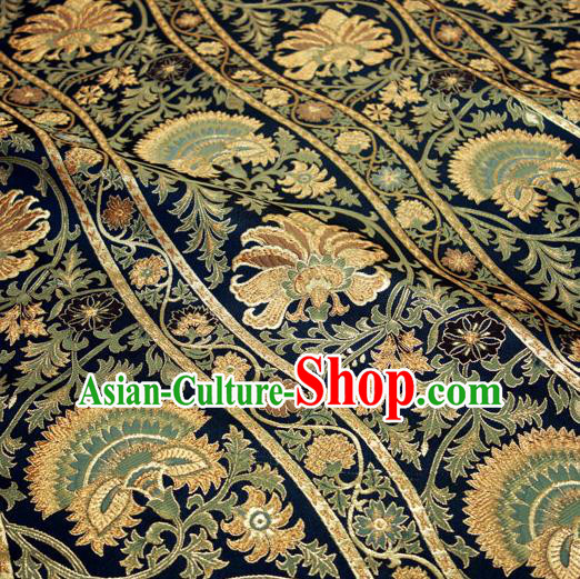 Asian Japanese Nishijin Tapestry Satin Traditional Flowers Pattern Design Navy Brocade Kimono Fabric