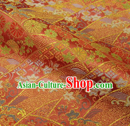 Asian Japanese Nishijin Red Tapestry Satin Traditional Chrysanthemum Pattern Design Brocade Kimono Fabric