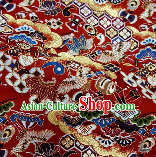 Asian Japanese Nishijin Tapestry Satin Kimono Fabric Traditional Crane Pattern Design Red Brocade