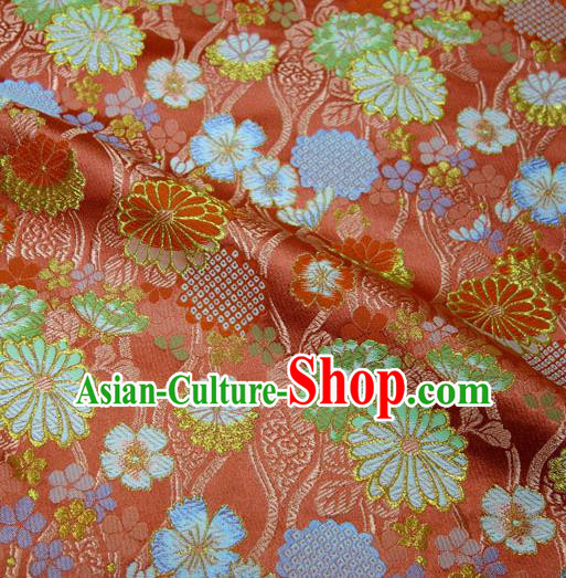 Asian Traditional Chrysanthemum Pattern Design Brocade Japanese Red Nishijin Tapestry Satin Kimono Cloth Fabric