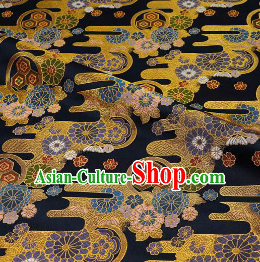 Asian Kimono Cloth Fabric Traditional Chrysanthemum Pattern Design Black Brocade Japanese Nishijin Tapestry Satin