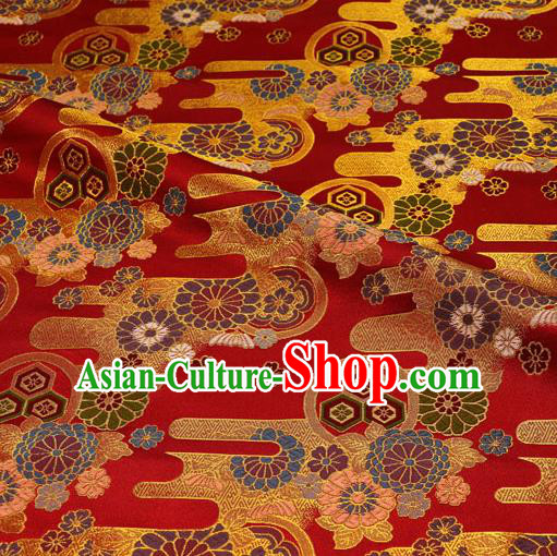 Asian Traditional Chrysanthemum Pattern Design Red Brocade Japanese Kimono Cloth Fabric Nishijin Tapestry Satin