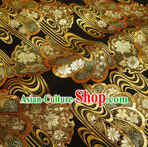 Asian Traditional Flow Sakura Pattern Design Black Brocade Japanese Cloth Fabric Kimono Nishijin Tapestry Satin