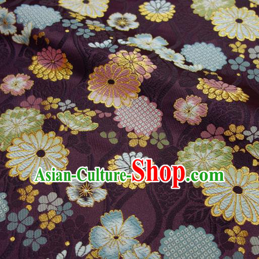 Asian Traditional Chrysanthemum Pattern Design Brocade Japanese Cloth Kimono Purple Damask Nishijin Tapestry Satin Fabric