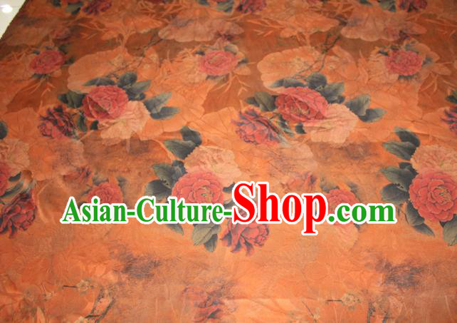 Chinese Traditional Cheongsam Gambiered Guangdong Gauze Silk Fabric Classical Peony Pattern Orange Silk Drapery