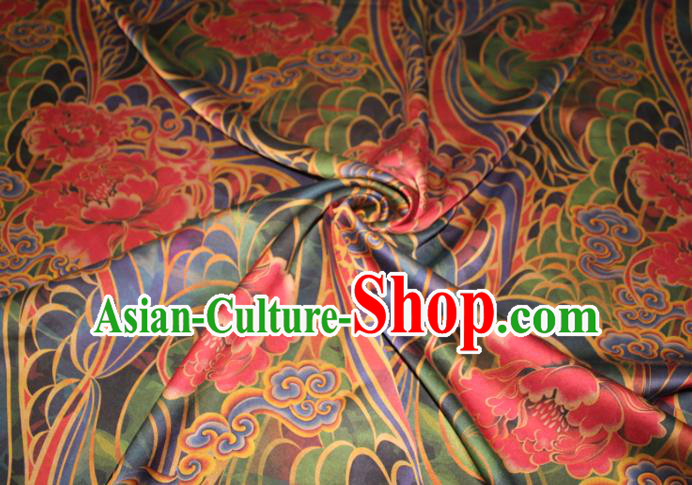 Chinese Traditional Satin Fabric Cheongsam Gambiered Guangdong Gauze Classical Flowers Pattern Green Silk Drapery