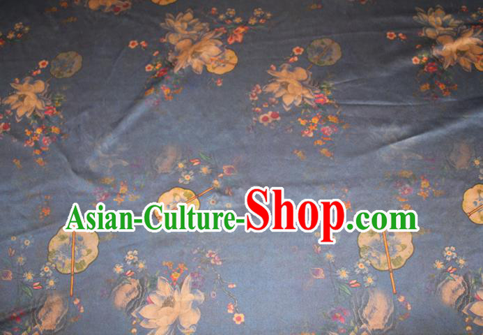 Chinese Cheongsam Navy Gambiered Guangdong Gauze Classical Lotus Fan Pattern Silk Drapery Traditional Fabric