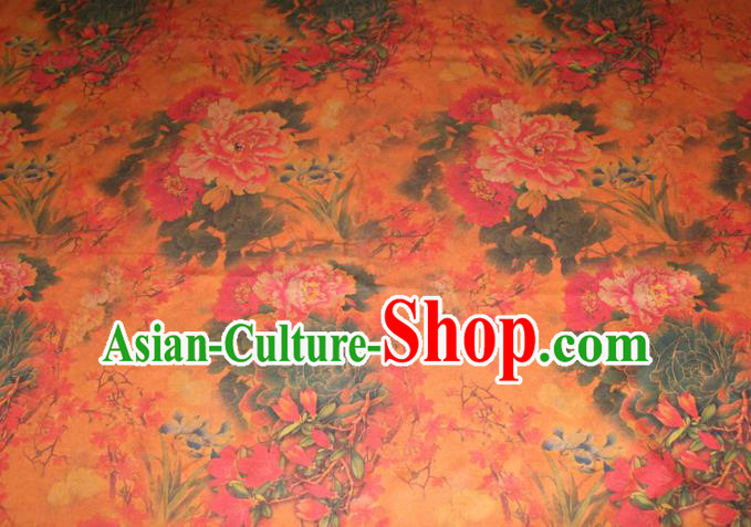 Chinese Cheongsam Classical Peony Orchid Pattern Silk Drapery Traditional Fabric Yellow Gambiered Guangdong Gauze