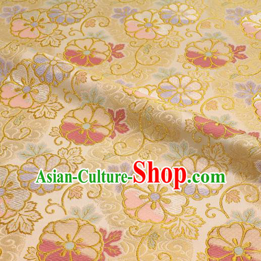 Asian Japanese Yellow Nishijin Tapestry Satin Traditional Sakura Pattern Design Brocade Kimono Cloth Fabric