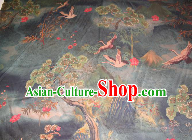 Chinese Classical Pine Cranes Pattern Silk Drapery Deep Green Gambiered Guangdong Gauze Traditional Cheongsam Fabric