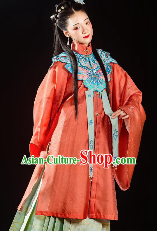 China Ancient Ming Dynasty Royal Princess Historical Costume Traditional Hanfu Clothing Noble Lady Red Gown and Skirt Full Set