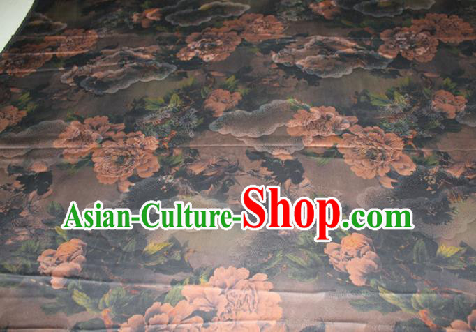 Chinese Traditional Deep Grey Gambiered Guangdong Gauze Cheongsam Satin Fabric Classical Peony Pattern Silk Drapery