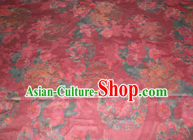 Chinese Traditional Red Gambiered Guangdong Gauze Cheongsam Satin Fabric Classical Dragon Peony Pattern Silk Drapery