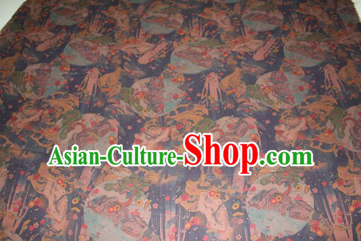 Chinese Traditional Gambiered Guangdong Gauze Cheongsam Satin Fabric Classical Plum Fan Dragon Pattern Navy Silk Drapery