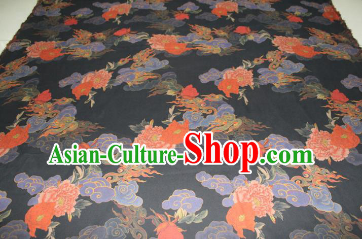 Chinese Traditional Black Gambiered Guangdong Gauze Cheongsam Satin Fabric Classical Cloud Peony Pattern Silk Drapery