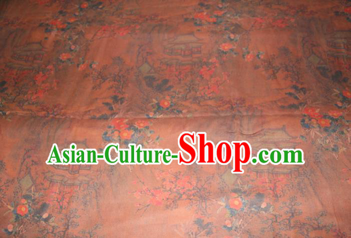 Chinese Traditional Ginger Gambiered Guangdong Gauze Cheongsam Satin Fabric Classical Plum Pavilion Pattern Silk Drapery