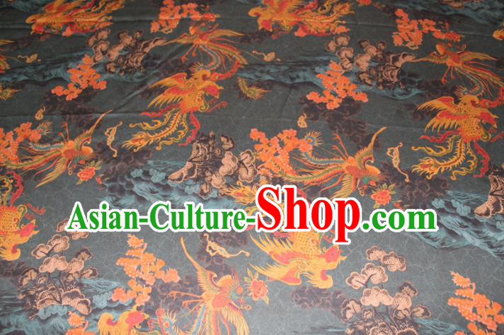 Chinese Traditional Dark Green Gambiered Guangdong Gauze Cheongsam Satin Fabric Classical Phoenix Pattern Silk Drapery