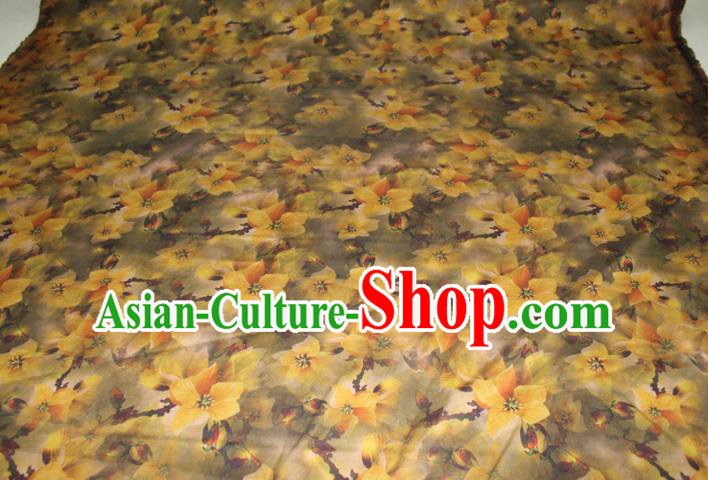 Chinese Traditional Olive Green Gambiered Guangdong Gauze Cheongsam Satin Fabric Classical Yellow Flowers Pattern Silk Drapery