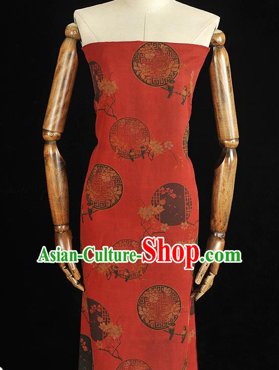 Chinese Classical Window Lattice Pattern Silk Drapery Traditional Gambiered Guangdong Gauze Cheongsam Red Satin Fabric