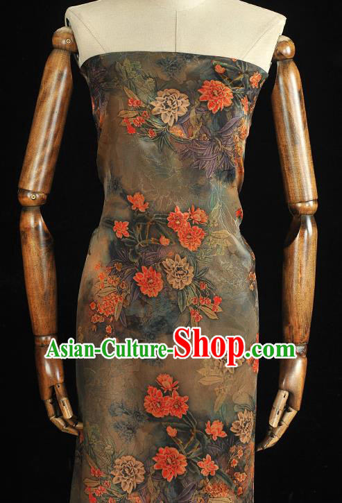 Chinese Classical Flowers Pattern Silk Drapery Traditional Gambiered Guangdong Gauze Cheongsam Light Green Satin Fabric