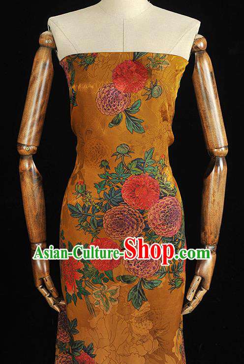 Chinese Classical Chrysanthemum Pattern Silk Drapery Traditional Gambiered Guangdong Gauze Cheongsam Golden Jacquard Satin Fabric