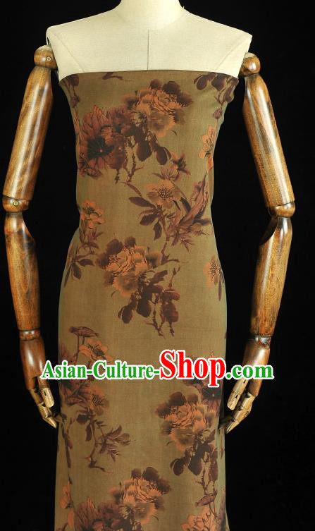 Chinese Classical Flowers Pattern Silk Drapery Traditional Cheongsam Olive Green Silk Fabric Gambiered Guangdong Gauze