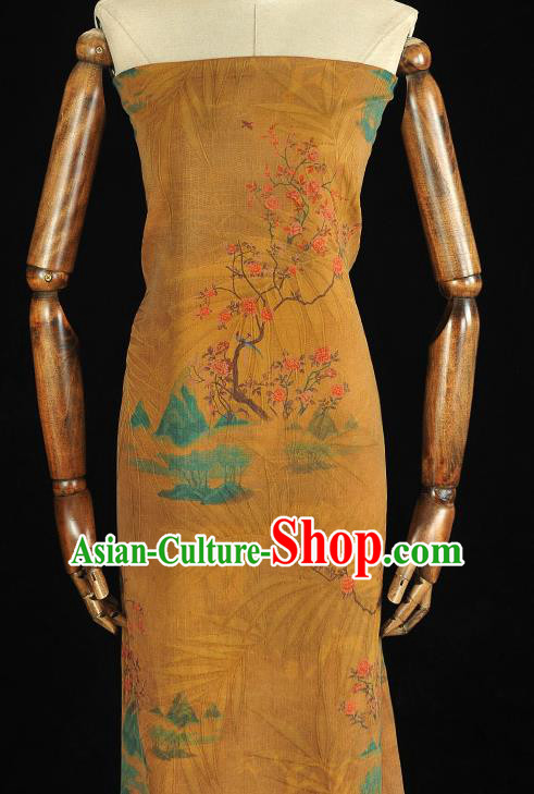 Chinese Classical Peach Flowers Pattern Silk Drapery Traditional Cheongsam Silk Fabric Yellow Gambiered Guangdong Gauze