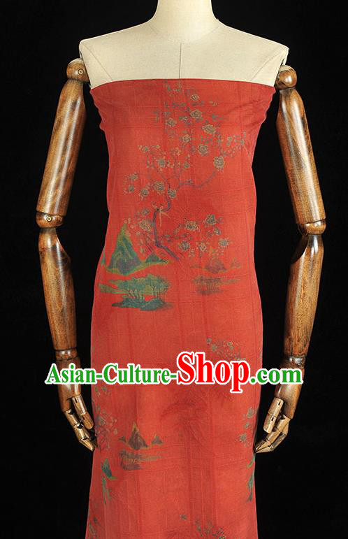 Chinese Red Gambiered Guangdong Gauze Classical Peach Blossom Pattern Silk Drapery Traditional Cheongsam Silk Fabric