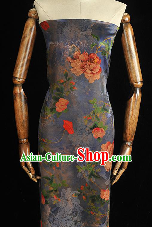 Chinese Classical Peony Pattern Silk Jacquard Drapery Traditional Gambiered Guangdong Gauze Cheongsam Navy Satin Fabric