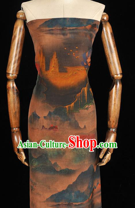 Chinese Classical Landscape Painting Pattern Gambiered Guangdong Gauze Cheongsam Silk Fabric Traditional Navy Silk Drapery