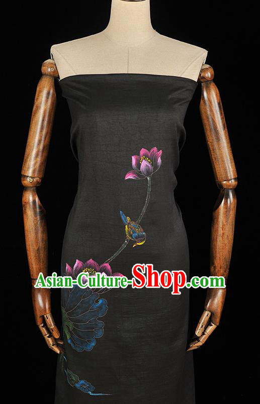 China Classical Printing Lotus Pattern Silk Fabric Traditional Black Jacquard Satin Cheongsam Cloth