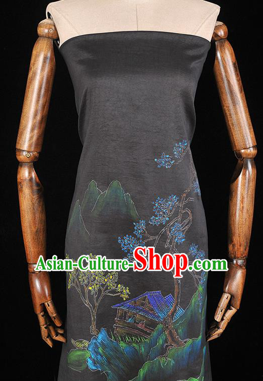 China Classical Printing Pavilion Pattern Silk Fabric Traditional Cheongsam Cloth Black Jacquard Satin