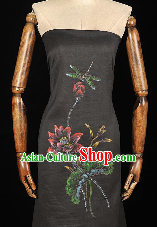 China Traditional Cheongsam Cloth Black Jacquard Satin Classical Printing Lotus Dragonfly Pattern Silk Fabric