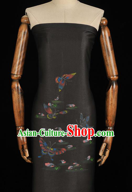 China Black Jacquard Satin Traditional Cheongsam Cloth Classical Printing Butterfly Pattern Silk Fabric