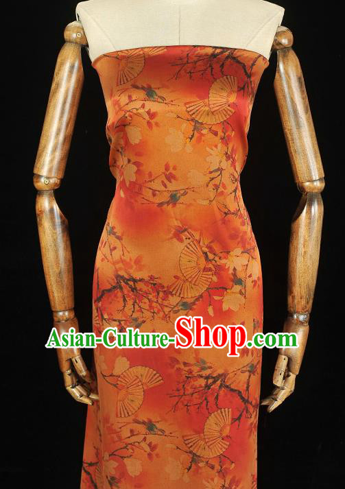 Chinese Cheongsam Orange Cloth Fabric Traditional Classical Mangnolia Fan Pattern Gambiered Guangdong Gauze Silk Drapery