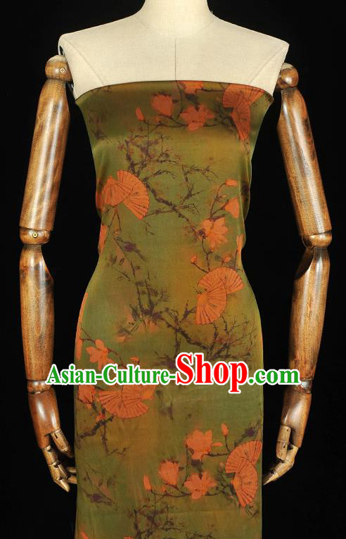 Chinese Traditional Classical Mangnolia Fan Pattern Gambiered Guangdong Gauze Silk Drapery Cheongsam Green Cloth Fabric