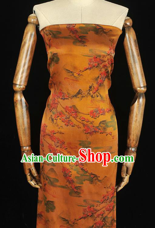 Chinese Traditional Classical Plum Pattern Orange Satin Silk Drapery Cheongsam Green Cloth Fabric Gambiered Guangdong Gauze